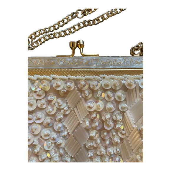 Vintage ivory sequined beaded evening bag gold kisslock chain strap glam retro - Picture 7 of 13